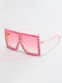 1pc Unisex Rhinestone Decor Oversized Square Frame Fashion Eyeglasses, Suitable For Streetwear, Travel, Vacation, Sports, Driving, Festivals, Beach, EDM, Casual Outings, Summer Accessories, Family Outings, Elegant Looks, Vacation Vibes, Sports, Parties, Outdoor Activities, Streetwear Styles, Fishing, Holidays, Vacations - Baby Pink - View 2