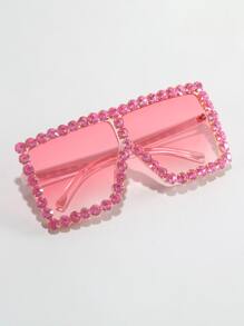 1pc Unisex Rhinestone Decor Oversized Square Frame Fashion Eyeglasses, Suitable For Streetwear, Travel, Vacation, Sports, Driving, Festivals, Beach, EDM, Casual Outings, Summer Accessories, Family Outings, Elegant Looks, Vacation Vibes, Sports, Parties, Outdoor Activities, Streetwear Styles, Fishing, Holidays, Vacations - Baby Pink - View 3