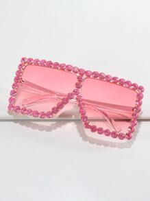 1pc Unisex Rhinestone Decor Oversized Square Frame Fashion Eyeglasses, Suitable For Streetwear, Travel, Vacation, Sports, Driving, Festivals, Beach, EDM, Casual Outings, Summer Accessories, Family Outings, Elegant Looks, Vacation Vibes, Sports, Parties, Outdoor Activities, Streetwear Styles, Fishing, Holidays, Vacations - Baby Pink - View 4