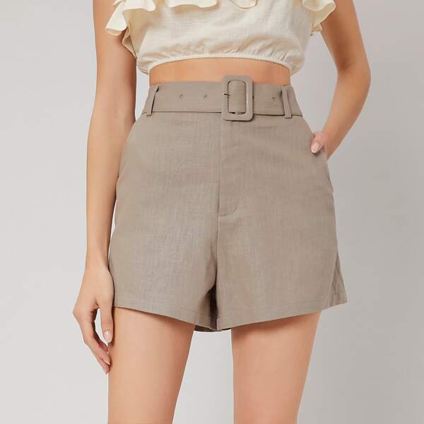 

100% LINEN BELTED SHORTS, Khaki