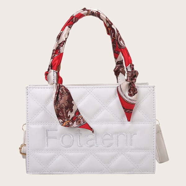 

Twilly Scarf Decor Quilted Satchel Bag, White