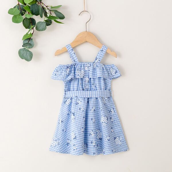 

Toddler Girls Floral And Gingham Cold Shoulder Belted Dress, Blue and white