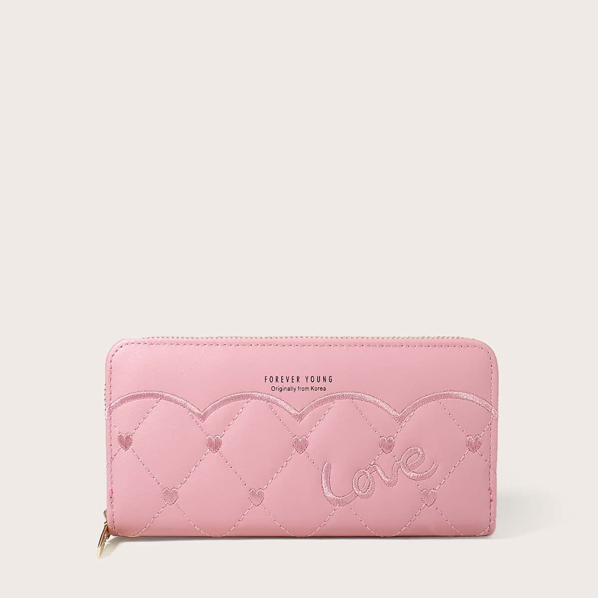 

Heart Embroidery Zip Around Purse, Baby pink