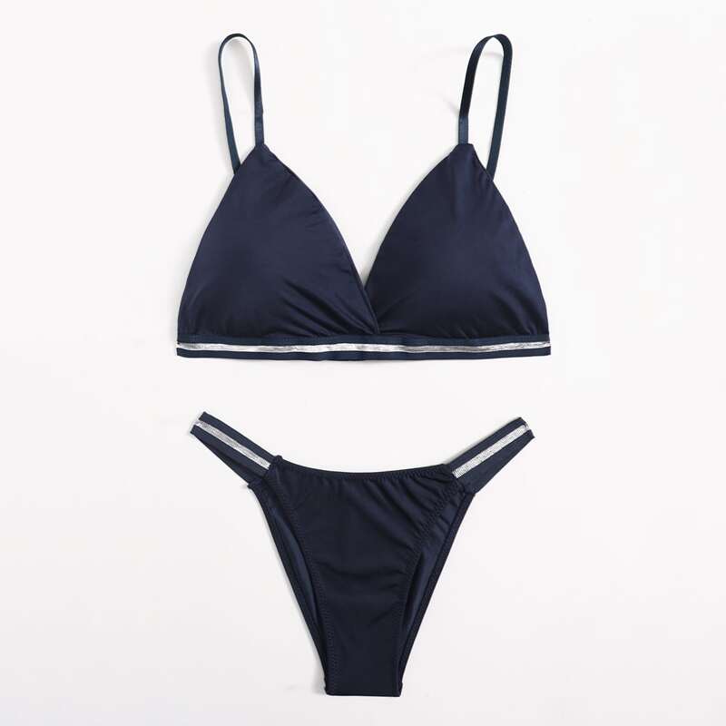 

Stripe Tape Triangle Lingerie Set, Navy blue