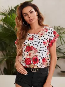 SHEIN LUNE Keyhole Neck Floral & Polka Dot Print Top - Multicolor - View 1