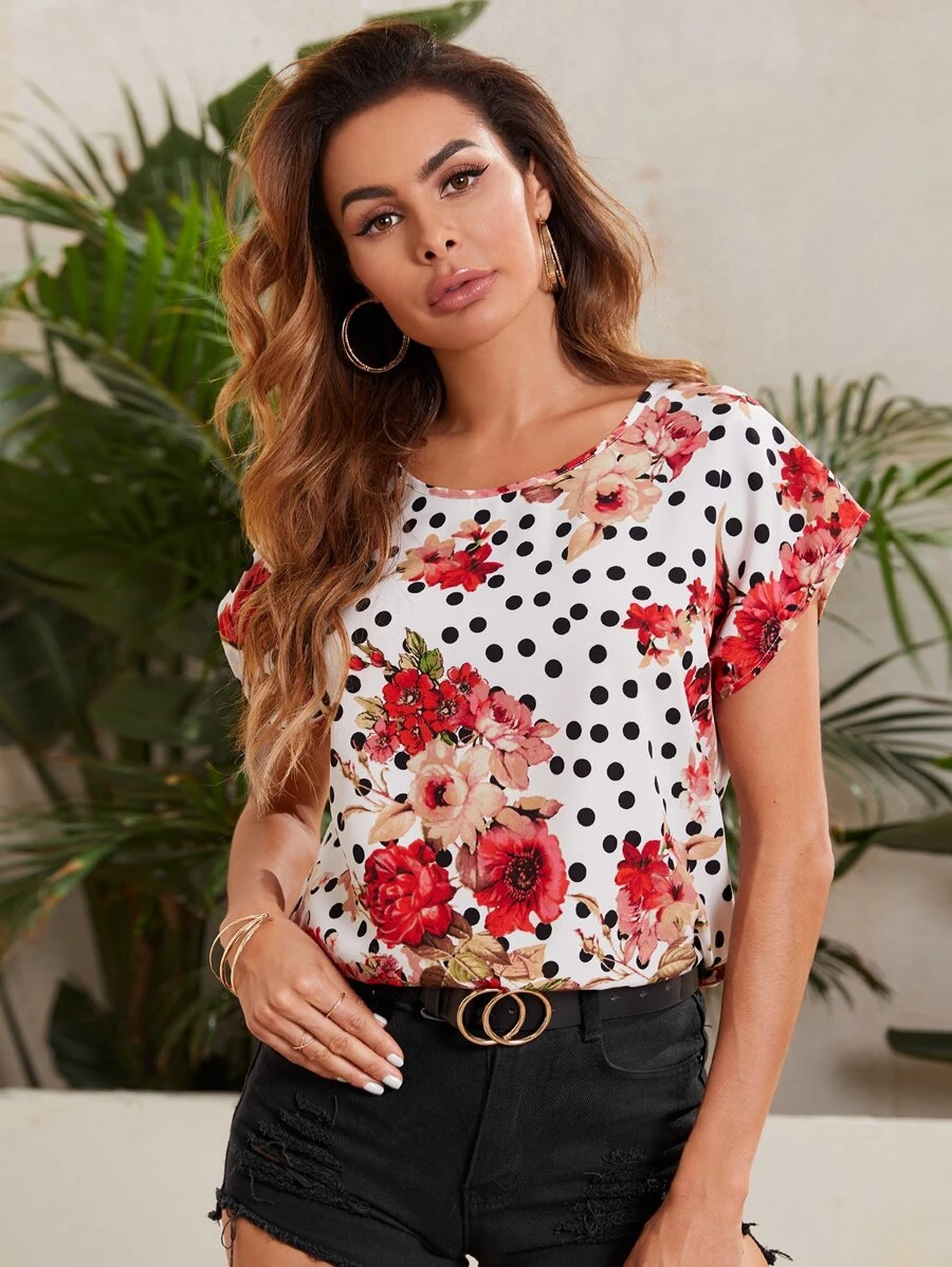 SHEIN LUNE Keyhole Neck Floral & Polka Dot Print Top - Multicolor - View 1
