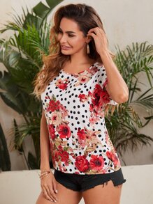 SHEIN LUNE Keyhole Neck Floral & Polka Dot Print Top - Multicolor - View 3