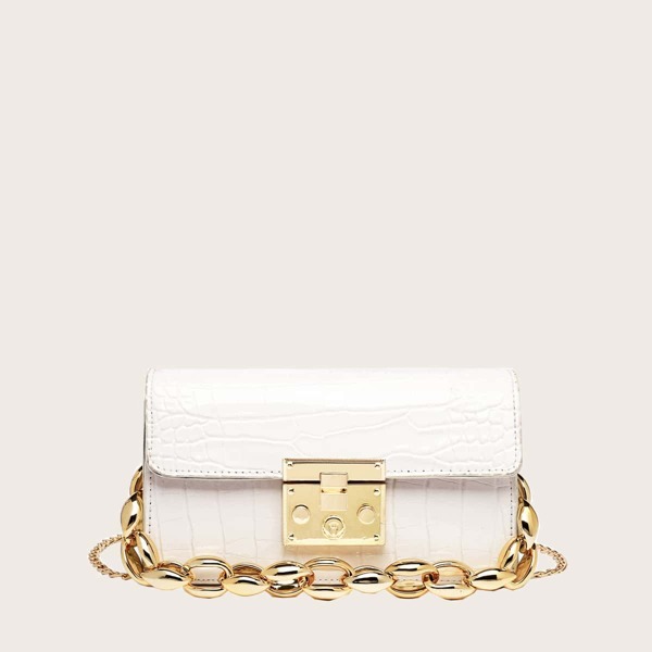 

Chain Decor Croc Embossed Square Bag, White