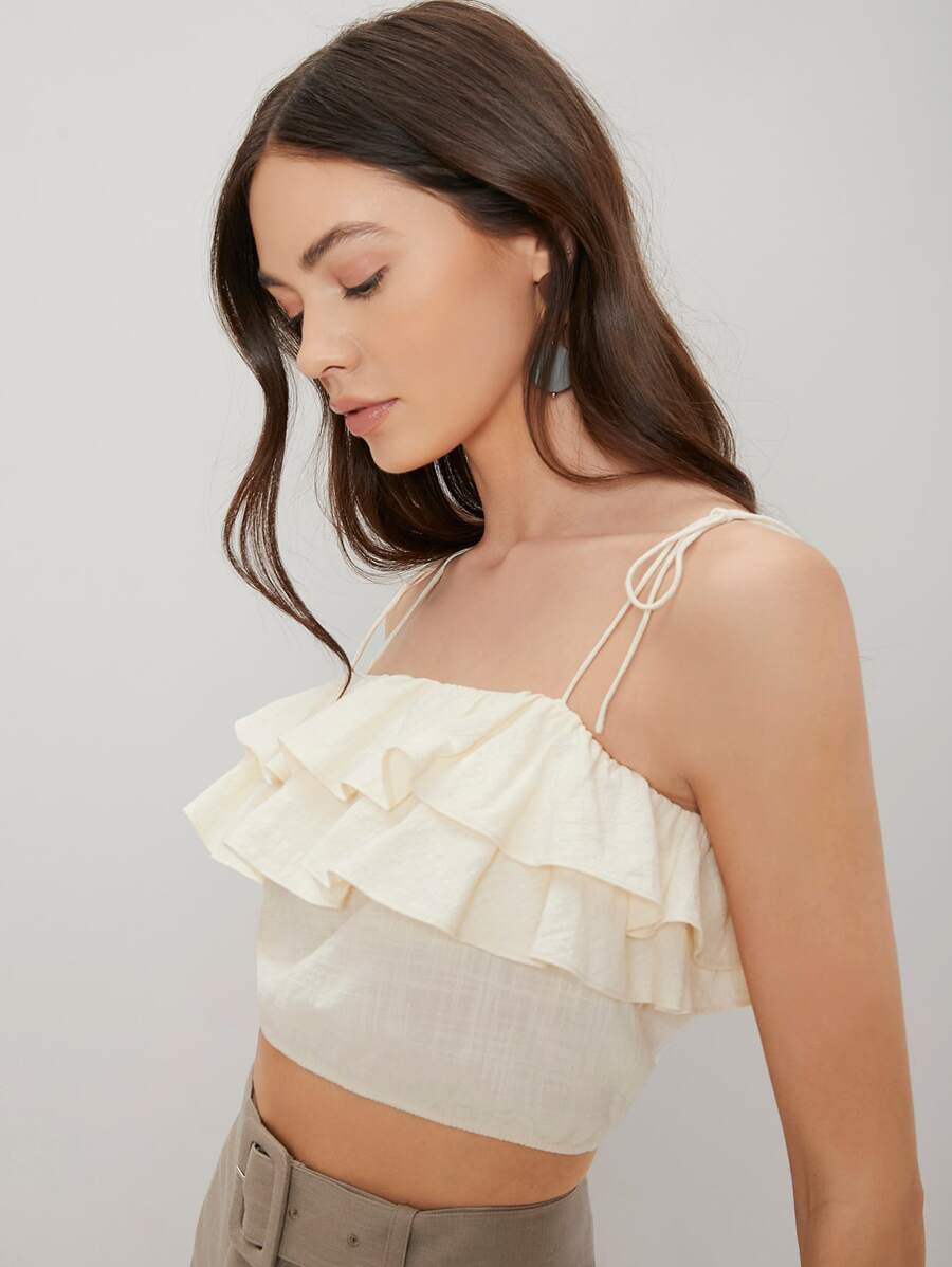 SHEIN เสื้อครอปท็อป นัวเนีย / ระบาย - สีครีม/สีเบจ - ดู 1