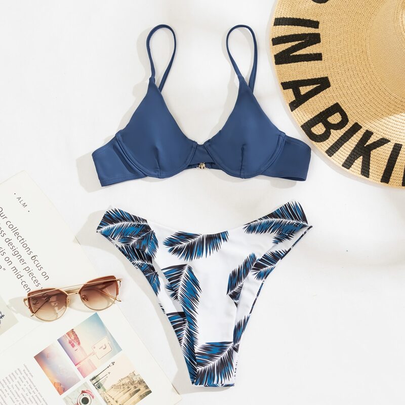 

Leaf Print Underwire Bikini Swimsuit, Multicolor