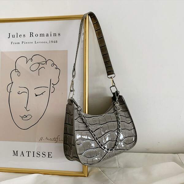 

Croc Embossed Baguette Bag, Dark grey