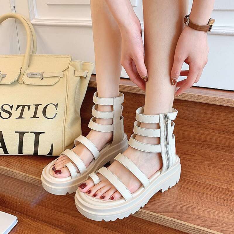 

Toe Ring Side Zip Gladiator Sandals, Beige