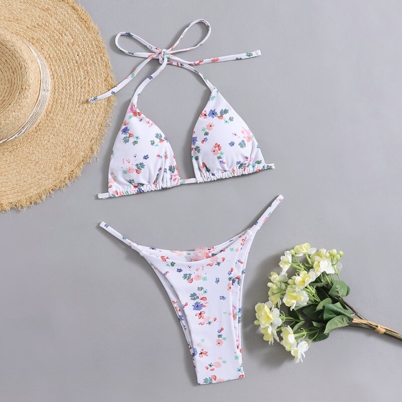 

Floral Triangle Thong Bikini Swimsuit, White