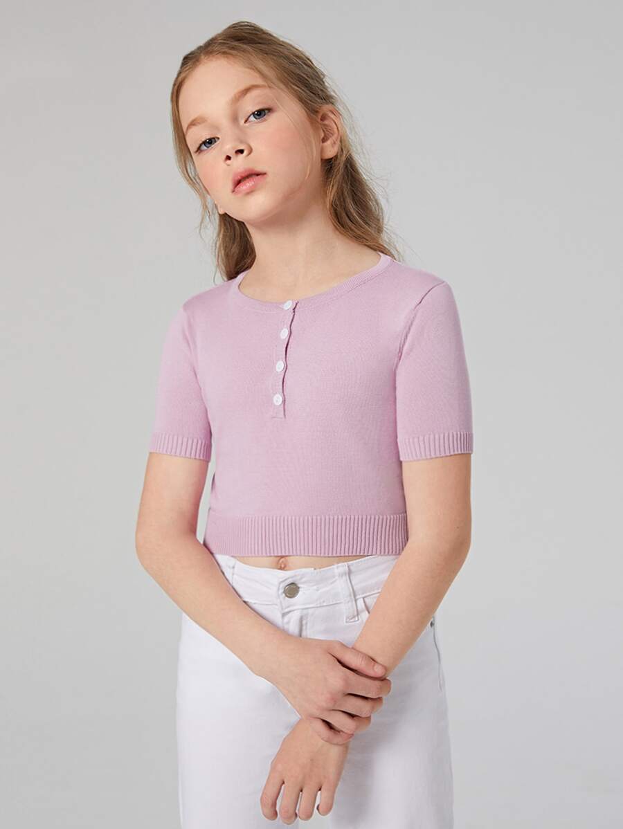 SHEIN Girls Buttoned Half Placket Knit Top - Dusty Pink - View 1