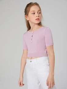 SHEIN Girls Buttoned Half Placket Knit Top - Dusty Pink - View 3