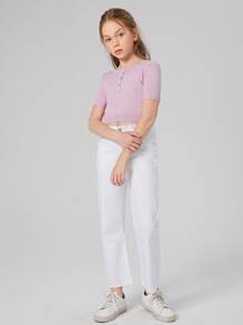 SHEIN Girls Buttoned Half Placket Knit Top - Dusty Pink - View 4