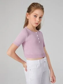 SHEIN Girls Buttoned Half Placket Knit Top - Dusty Pink - View 5