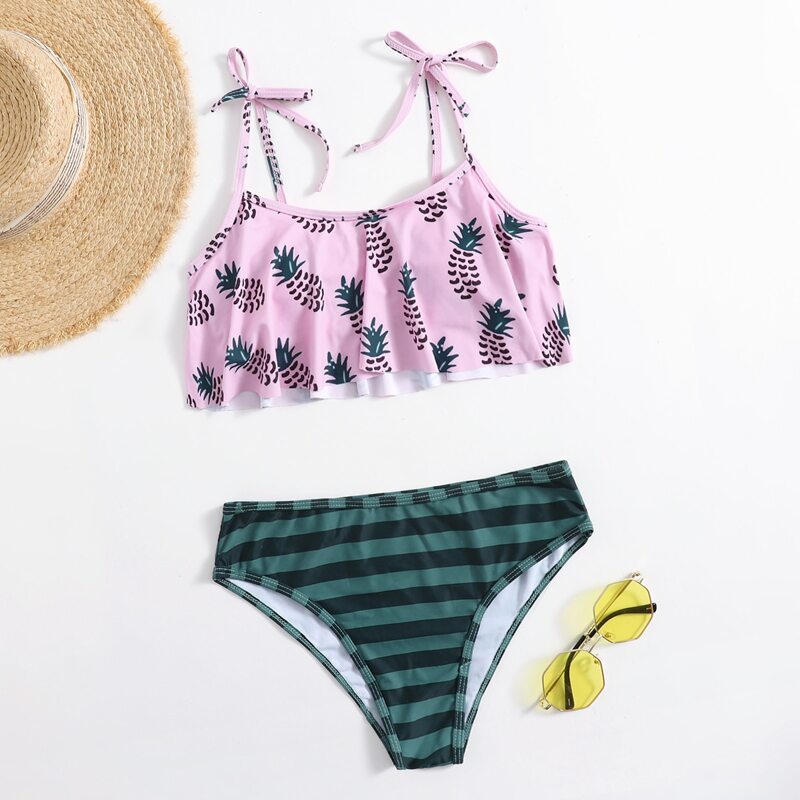 

Pineapple & Stripe Print Bikini Swimsuit, Multicolor