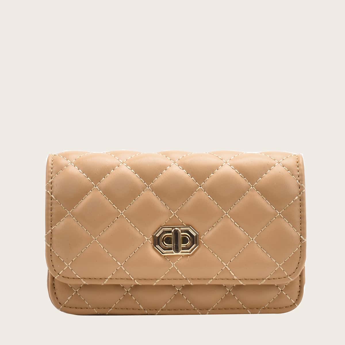 

Faux Pearl Strap Quilted Square Bag, Camel