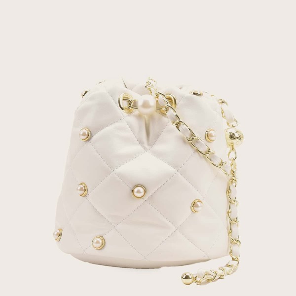 

Faux Pearl Studded Bucket Bag, White