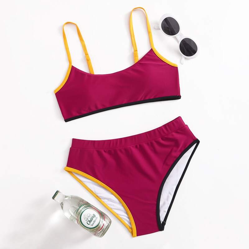 

Contrast Binding Cami Bikini Swimsuit, Multicolor