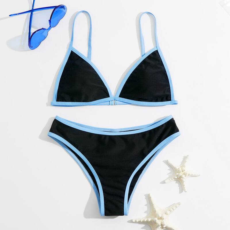 

Contrast Binding Triangle Bikini Swimsuit, Black