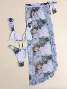 3packs Marble Print Triangle Bikini Set & Beach Skirt - Multicolor - View 2