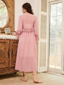 SHEIN روب مقلم مكشكش شبكي مطرز وبأزرار امامي - وردي مغبر - مشاهدة 3