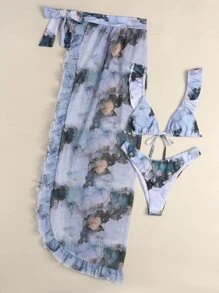 3packs Marble Print Triangle Bikini Set & Beach Skirt - Multicolor - View 5