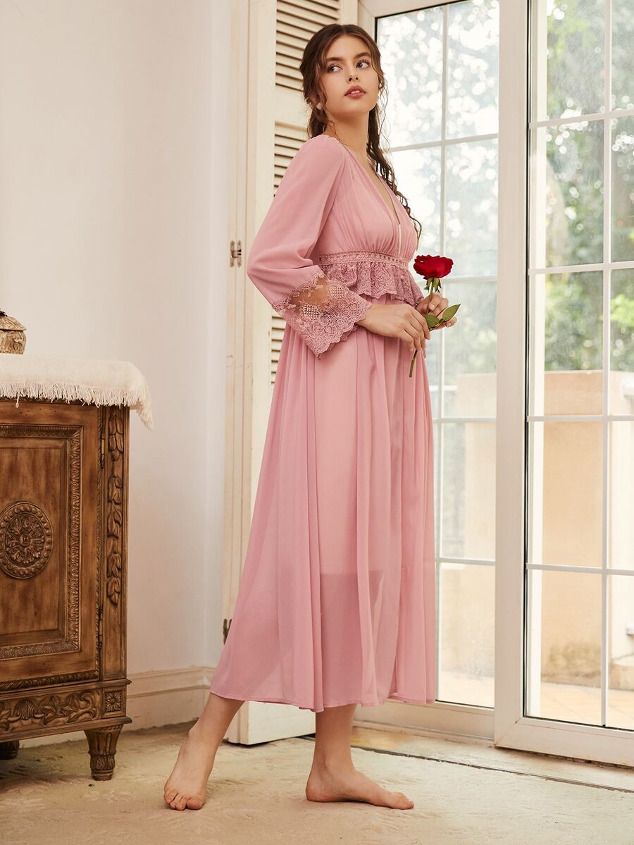 SHEIN روب مقلم مكشكش شبكي مطرز وبأزرار امامي - وردي مغبر - مشاهدة 1