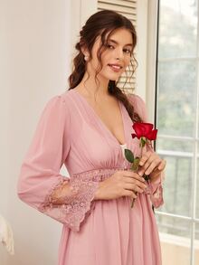 SHEIN روب مقلم مكشكش شبكي مطرز وبأزرار امامي - وردي مغبر - مشاهدة 4