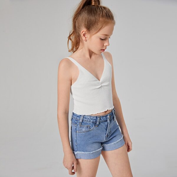 

Girls Ruched Front Lettuce Trim Knit Top, White