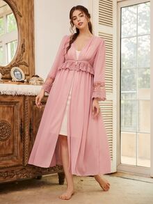 SHEIN روب مقلم مكشكش شبكي مطرز وبأزرار امامي - وردي مغبر - مشاهدة 5