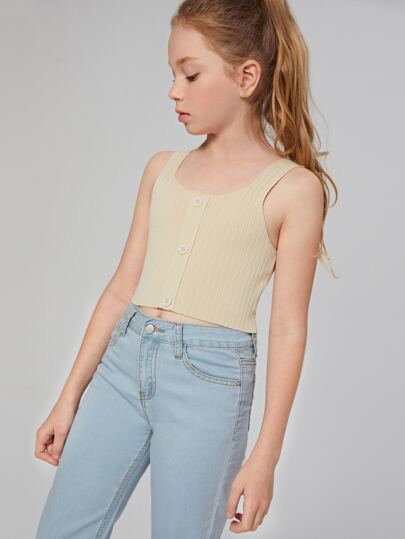 SHEIN Girls Buttoned Front Rib-knit Top