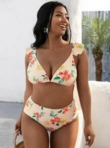 Plus Size Floral Ruffle Triangle Bikini Set Summer Beach - Multicolor - View 3