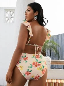 Plus Size Floral Ruffle Triangle Bikini Set Summer Beach - Multicolor - View 2