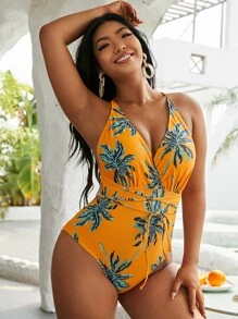Plus Palm Print One Piece Swimsuit - Yellow - View 1