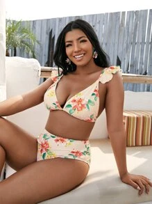 Plus Size Floral Ruffle Triangle Bikini Set Summer Beach - Multicolor - View 4