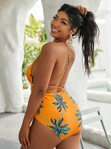 Plus Palm Print One Piece Swimsuit - Yellow - View 2