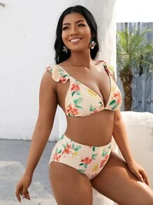 Plus Size Floral Ruffle Triangle Bikini Set Summer Beach - Multicolor - View 5