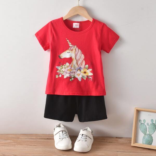 

Toddler Girls Unicorn And Floral Print Tee With Shorts, Multicolor