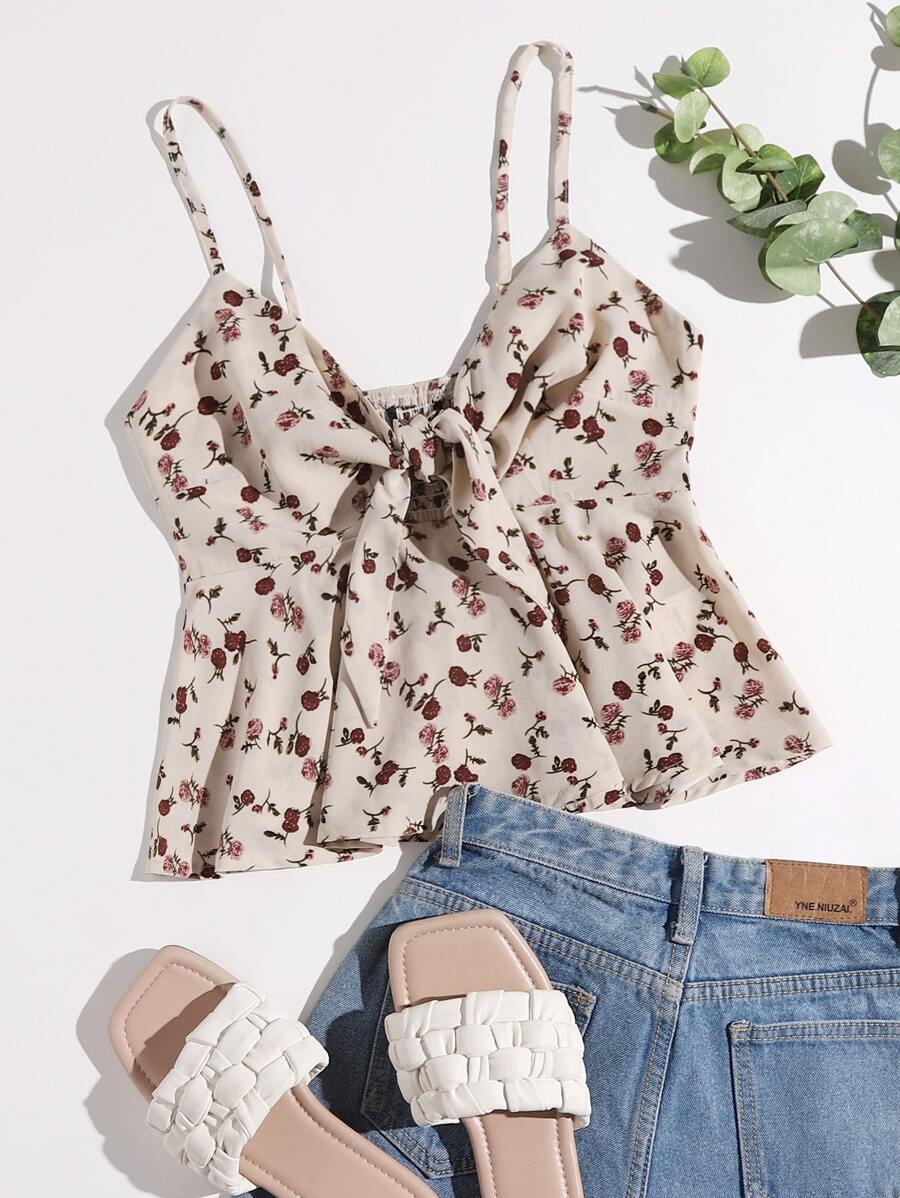 Soleia Tie Front Shirred Back Ditsy Floral Peplum Cami Top - Multicolor - View 1