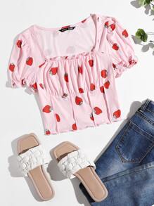 SHEIN MOD Strawberry Print Frill Trim Ruched Bust Tee - Baby Pink - View 1
