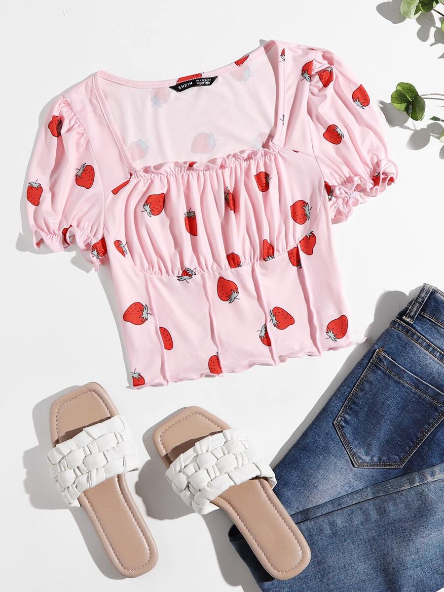 SHEIN MOD Strawberry Print Frill Trim Ruched Bust Tee - Baby Pink - View 1