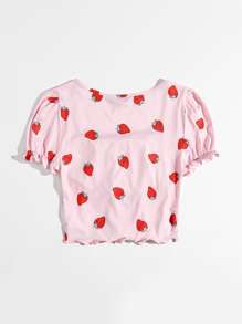 SHEIN MOD Strawberry Print Frill Trim Ruched Bust Tee - Baby Pink - View 2