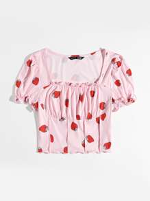 SHEIN MOD Strawberry Print Frill Trim Ruched Bust Tee - Baby Pink - View 3