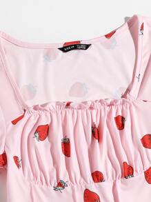 SHEIN MOD Strawberry Print Frill Trim Ruched Bust Tee - Baby Pink - View 4