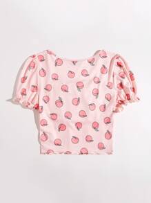 SHEIN Qutie Peach Print Frill Trim Ruched Bust Tee - Baby Pink - View 2