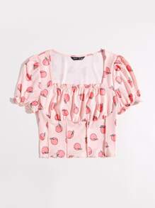 SHEIN Qutie Peach Print Frill Trim Ruched Bust Tee - Baby Pink - View 3