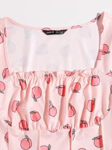 SHEIN Qutie Peach Print Frill Trim Ruched Bust Tee - Baby Pink - View 5